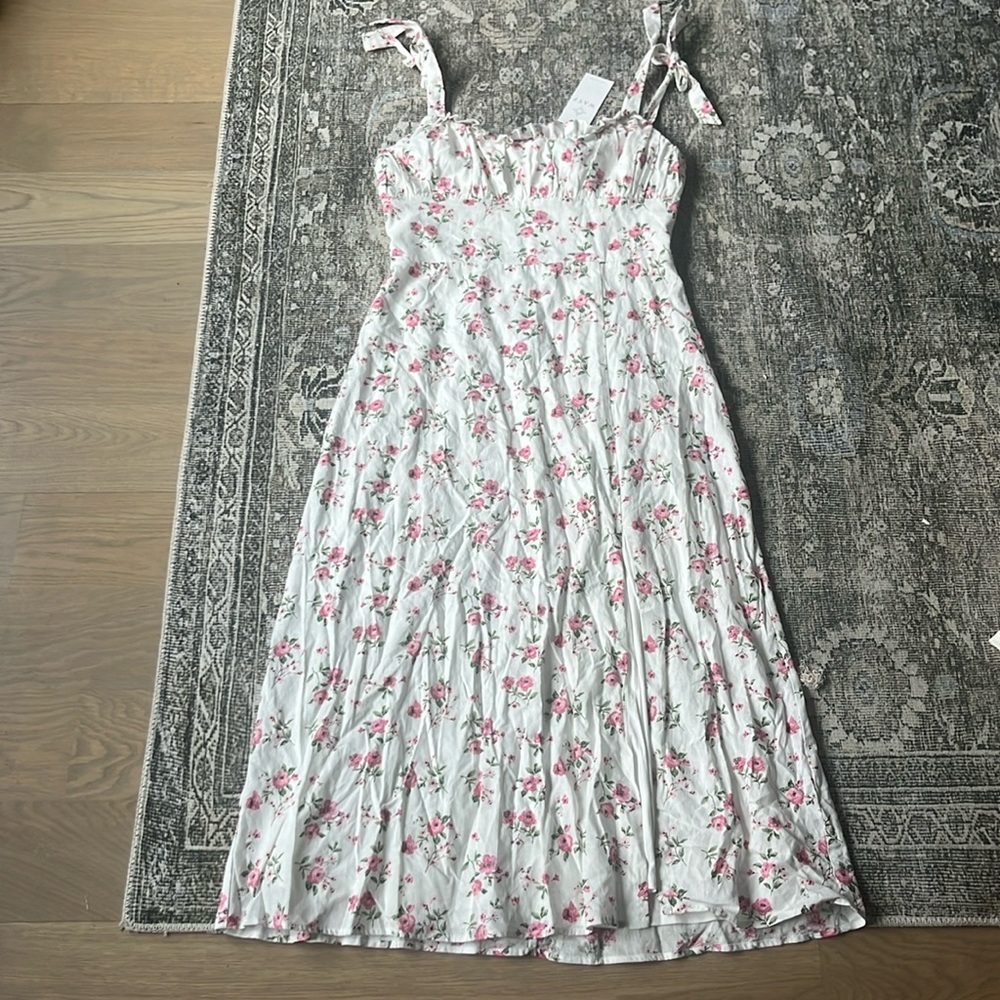 Wayf White Floral Midi Dress with Pink Roses